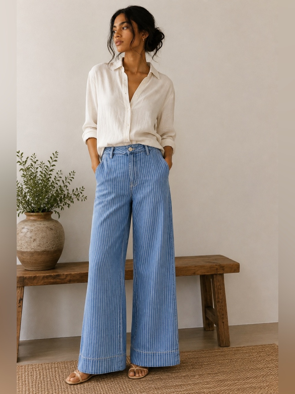 Habitual Light Blue Wide Leg Pinstripe Jeans 26 Coastal Cotton Breezy